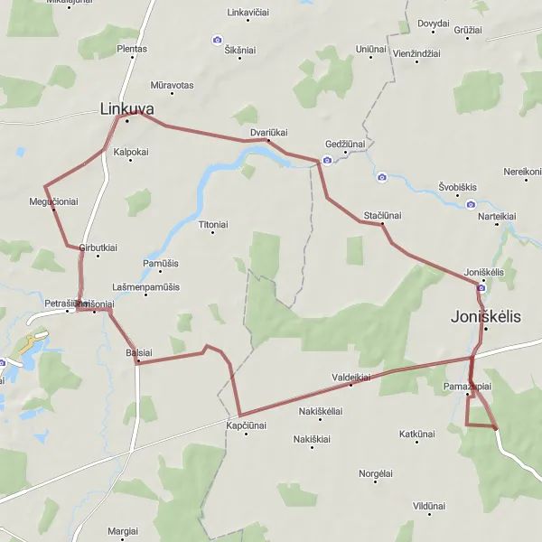 Map miniature of "Gravel Adventure to Raudonpamūšio Atodanga" cycling inspiration in Vidurio ir vakarų Lietuvos regionas, Lithuania. Generated by Tarmacs.app cycling route planner