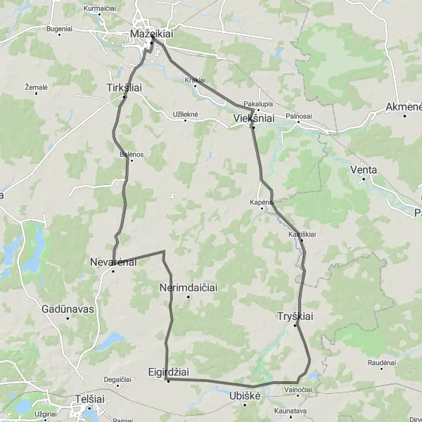Map miniature of "The Lake Trail" cycling inspiration in Vidurio ir vakarų Lietuvos regionas, Lithuania. Generated by Tarmacs.app cycling route planner