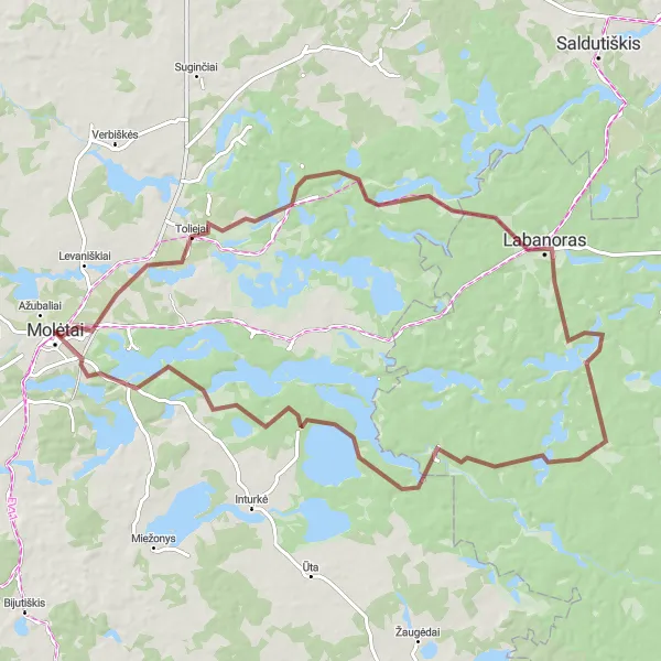 Map miniature of "The Gravel Adventure" cycling inspiration in Vidurio ir vakarų Lietuvos regionas, Lithuania. Generated by Tarmacs.app cycling route planner