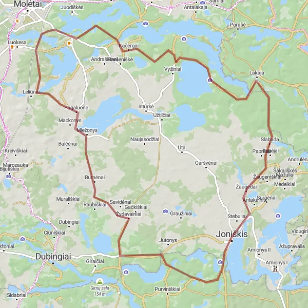 Map miniature of "The Rural Escape" cycling inspiration in Vidurio ir vakarų Lietuvos regionas, Lithuania. Generated by Tarmacs.app cycling route planner