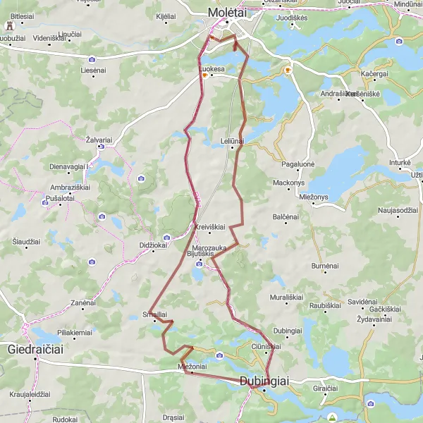 Map miniature of "Dubingiai Gravel Loop" cycling inspiration in Vidurio ir vakarų Lietuvos regionas, Lithuania. Generated by Tarmacs.app cycling route planner