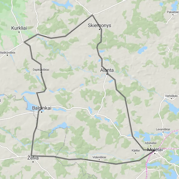 Map miniature of "Molėtai Loop: Lakes and Villages" cycling inspiration in Vidurio ir vakarų Lietuvos regionas, Lithuania. Generated by Tarmacs.app cycling route planner