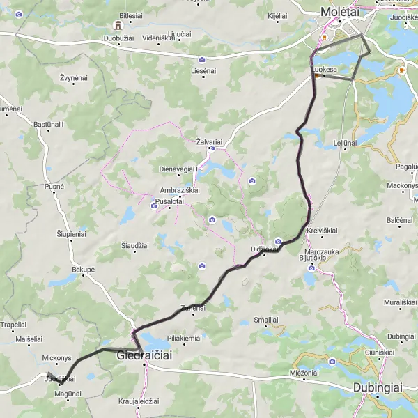 Map miniature of "The Road Less Traveled" cycling inspiration in Vidurio ir vakarų Lietuvos regionas, Lithuania. Generated by Tarmacs.app cycling route planner