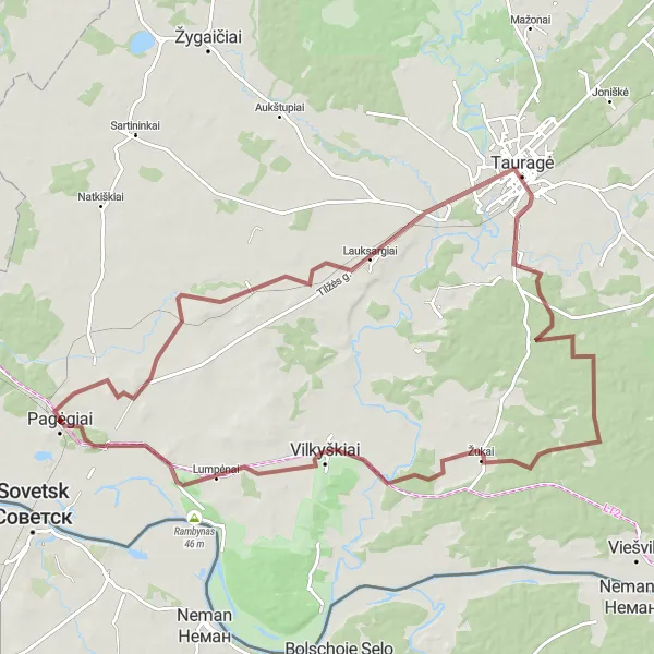 Map miniature of "The Tauragė Gravel Adventure" cycling inspiration in Vidurio ir vakarų Lietuvos regionas, Lithuania. Generated by Tarmacs.app cycling route planner