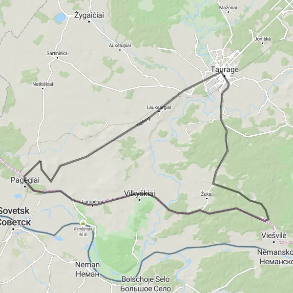 Map miniature of "The Lauksargiai Nature Escape" cycling inspiration in Vidurio ir vakarų Lietuvos regionas, Lithuania. Generated by Tarmacs.app cycling route planner