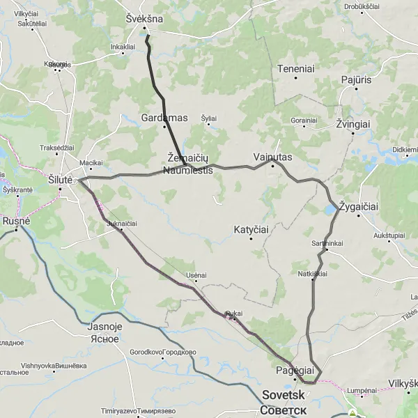 Map miniature of "Zemaiciu Naumiestis Extravaganza" cycling inspiration in Vidurio ir vakarų Lietuvos regionas, Lithuania. Generated by Tarmacs.app cycling route planner
