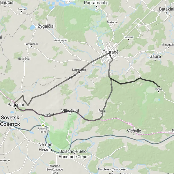 Map miniature of "Pagėgiai - A Journey Through Serene Landscapes" cycling inspiration in Vidurio ir vakarų Lietuvos regionas, Lithuania. Generated by Tarmacs.app cycling route planner