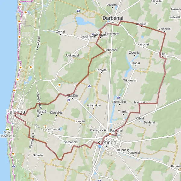 Map miniature of "Scenic Gravel Cycling Route near Palanga" cycling inspiration in Vidurio ir vakarų Lietuvos regionas, Lithuania. Generated by Tarmacs.app cycling route planner