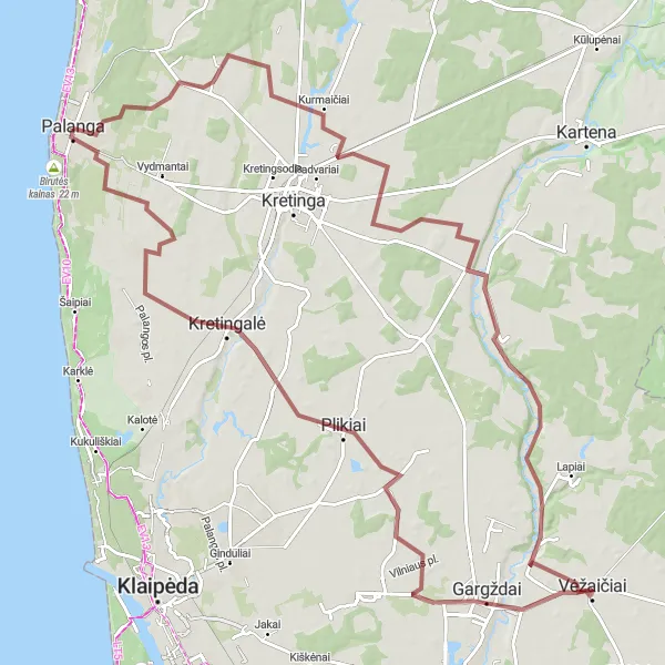 Map miniature of "Challenging Gravel Cycling Route around Palanga" cycling inspiration in Vidurio ir vakarų Lietuvos regionas, Lithuania. Generated by Tarmacs.app cycling route planner
