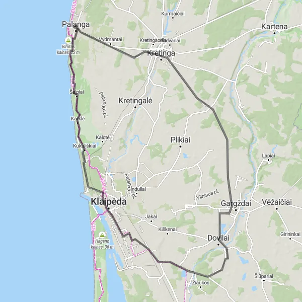Map miniature of "Lurdas and Gargždai Adventure" cycling inspiration in Vidurio ir vakarų Lietuvos regionas, Lithuania. Generated by Tarmacs.app cycling route planner