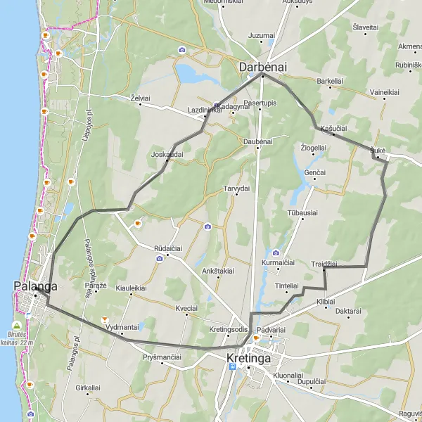 Map miniature of "Žibininkai and Darbėnai Loop" cycling inspiration in Vidurio ir vakarų Lietuvos regionas, Lithuania. Generated by Tarmacs.app cycling route planner