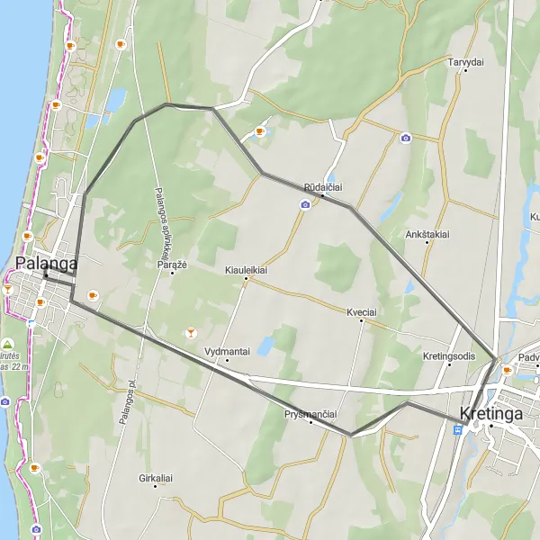 Map miniature of "Palanga and Žibininkai Loop" cycling inspiration in Vidurio ir vakarų Lietuvos regionas, Lithuania. Generated by Tarmacs.app cycling route planner