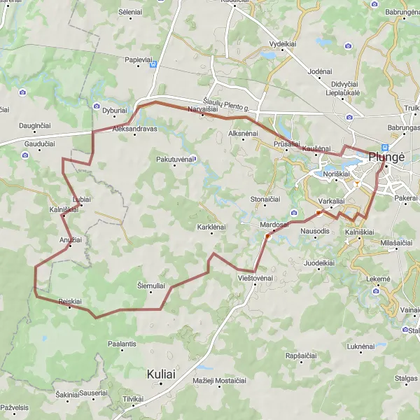 Map miniature of "The Gravel Delight near Plungė" cycling inspiration in Vidurio ir vakarų Lietuvos regionas, Lithuania. Generated by Tarmacs.app cycling route planner