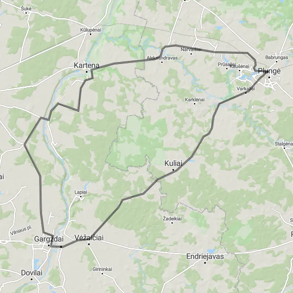 Map miniature of "Counties' Charm" cycling inspiration in Vidurio ir vakarų Lietuvos regionas, Lithuania. Generated by Tarmacs.app cycling route planner