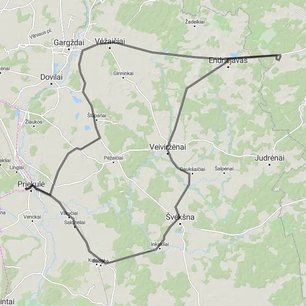 Map miniature of "Priekulė-Historical Road Adventure" cycling inspiration in Vidurio ir vakarų Lietuvos regionas, Lithuania. Generated by Tarmacs.app cycling route planner