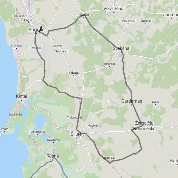 Map miniature of "Priekulė and Surroundings Road Loop" cycling inspiration in Vidurio ir vakarų Lietuvos regionas, Lithuania. Generated by Tarmacs.app cycling route planner