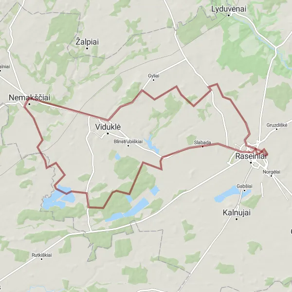 Map miniature of "Gravel Adventure in Raseiniai and Surroundings" cycling inspiration in Vidurio ir vakarų Lietuvos regionas, Lithuania. Generated by Tarmacs.app cycling route planner
