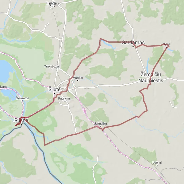 Map miniature of "Scenic Rusnė Gravel Cycling" cycling inspiration in Vidurio ir vakarų Lietuvos regionas, Lithuania. Generated by Tarmacs.app cycling route planner