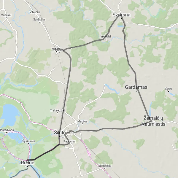 Map miniature of "Rusnė Countryside Ride" cycling inspiration in Vidurio ir vakarų Lietuvos regionas, Lithuania. Generated by Tarmacs.app cycling route planner