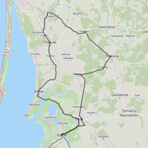 Map miniature of "Riverside Adventure" cycling inspiration in Vidurio ir vakarų Lietuvos regionas, Lithuania. Generated by Tarmacs.app cycling route planner