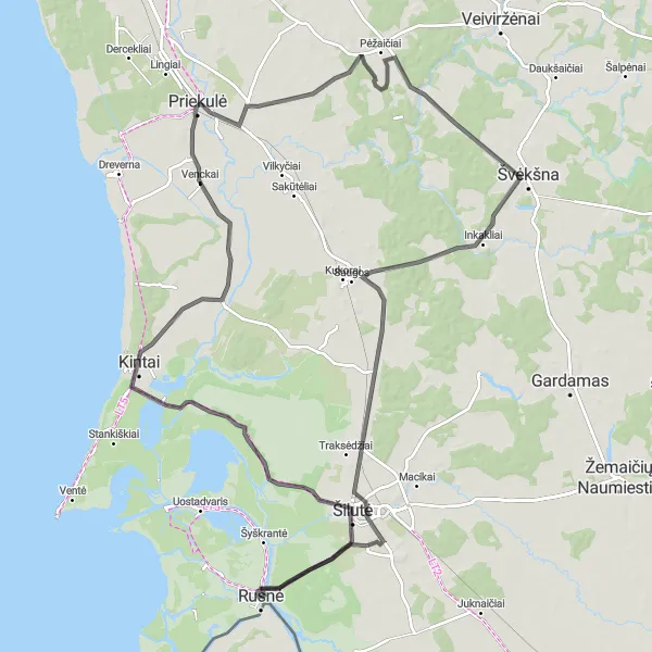 Map miniature of "Rusnė Loop" cycling inspiration in Vidurio ir vakarų Lietuvos regionas, Lithuania. Generated by Tarmacs.app cycling route planner