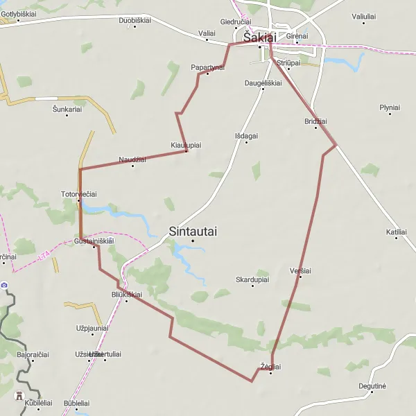 Map miniature of "Scenic Gravel Ride to Veršiai and Giedručiai" cycling inspiration in Vidurio ir vakarų Lietuvos regionas, Lithuania. Generated by Tarmacs.app cycling route planner