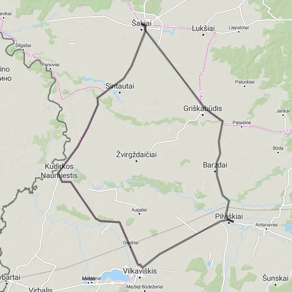 Map miniature of "Šakiai - Griškabūdis - Šakiai Road Tour" cycling inspiration in Vidurio ir vakarų Lietuvos regionas, Lithuania. Generated by Tarmacs.app cycling route planner