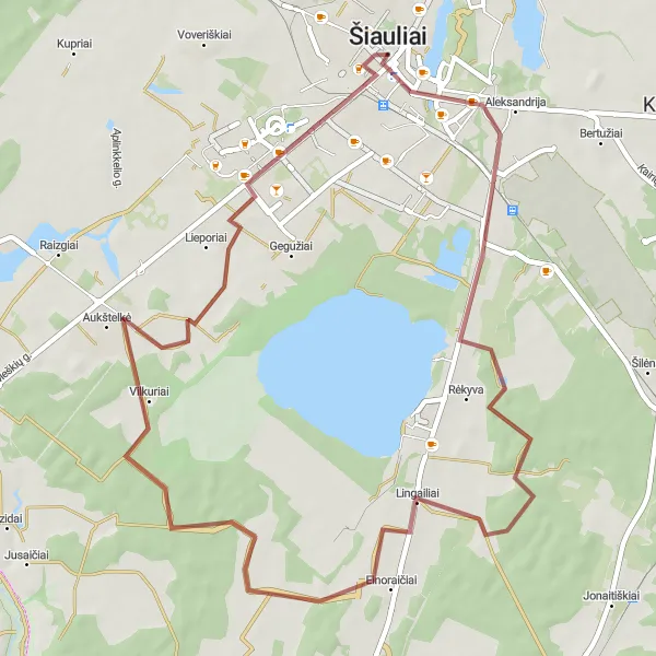 Map miniature of "Šiauliai-Šiauliai Gravel Cycling Route via Lieporiai and Didždvaris" cycling inspiration in Vidurio ir vakarų Lietuvos regionas, Lithuania. Generated by Tarmacs.app cycling route planner