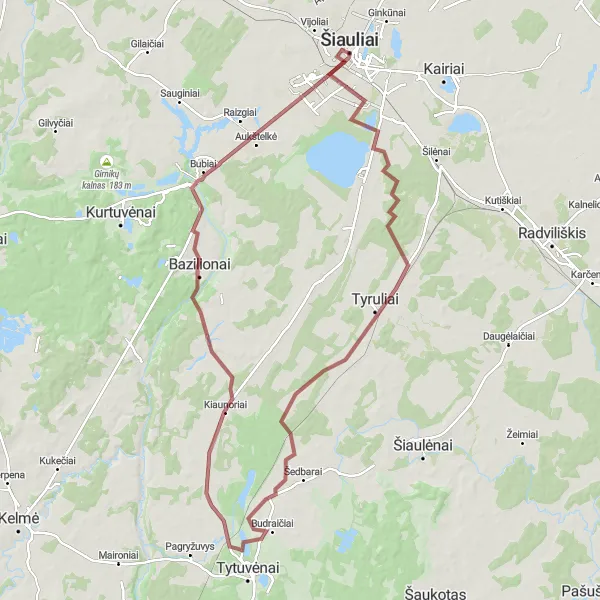 Map miniature of "Tytuvėnėliai Gravel Adventure" cycling inspiration in Vidurio ir vakarų Lietuvos regionas, Lithuania. Generated by Tarmacs.app cycling route planner