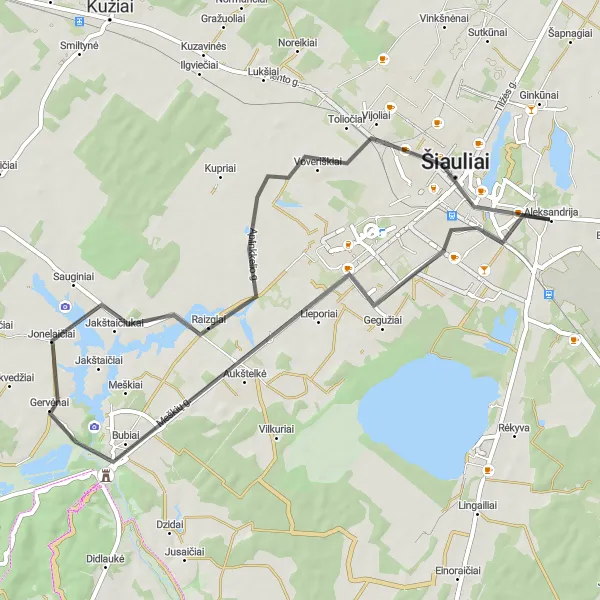 Map miniature of "Šiauliai-Beržynė-Gervėnai-Šiauliai Road Cycling Route" cycling inspiration in Vidurio ir vakarų Lietuvos regionas, Lithuania. Generated by Tarmacs.app cycling route planner