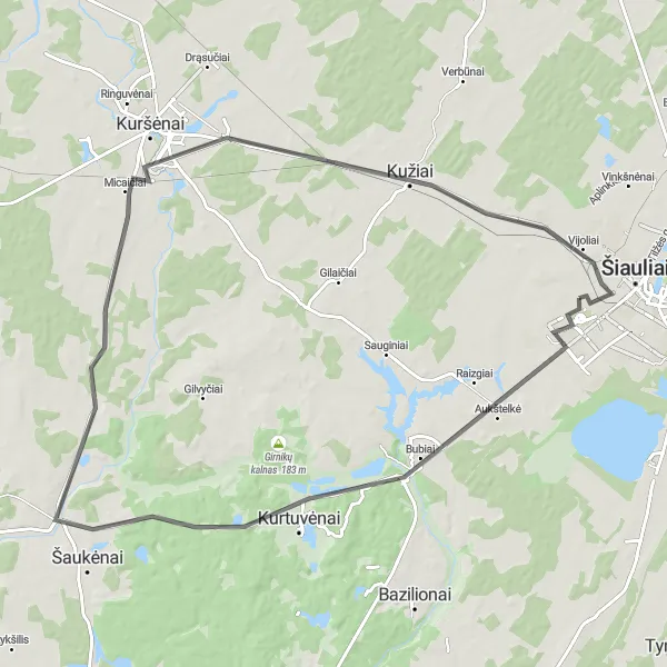 Map miniature of "Šiauliai to Bubiai Loop" cycling inspiration in Vidurio ir vakarų Lietuvos regionas, Lithuania. Generated by Tarmacs.app cycling route planner