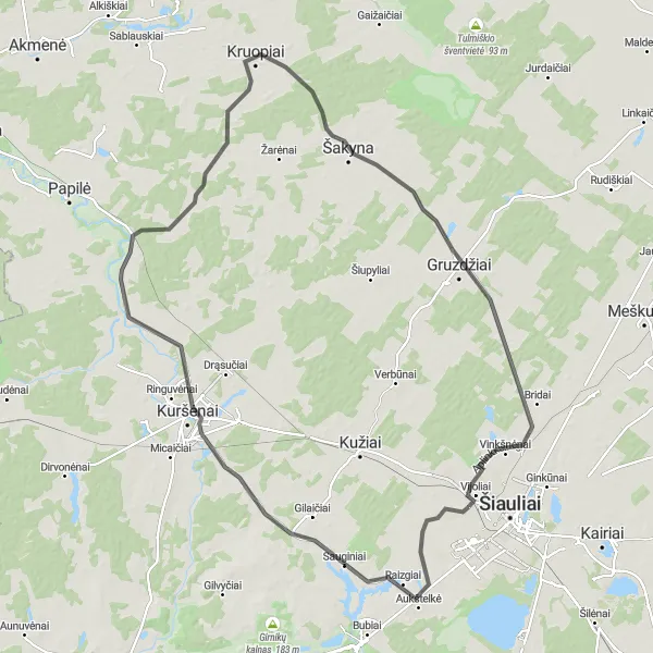 Map miniature of "Kuršėnai Loop" cycling inspiration in Vidurio ir vakarų Lietuvos regionas, Lithuania. Generated by Tarmacs.app cycling route planner