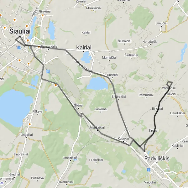 Map miniature of "Pakartuvės and Šilėnai Road Circuit" cycling inspiration in Vidurio ir vakarų Lietuvos regionas, Lithuania. Generated by Tarmacs.app cycling route planner