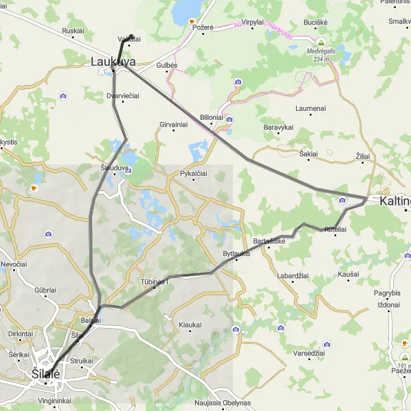 Map miniature of "The Laukuva Loop" cycling inspiration in Vidurio ir vakarų Lietuvos regionas, Lithuania. Generated by Tarmacs.app cycling route planner