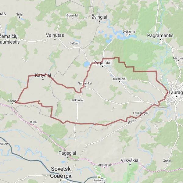 Map miniature of "The Gravel Adventure" cycling inspiration in Vidurio ir vakarų Lietuvos regionas, Lithuania. Generated by Tarmacs.app cycling route planner