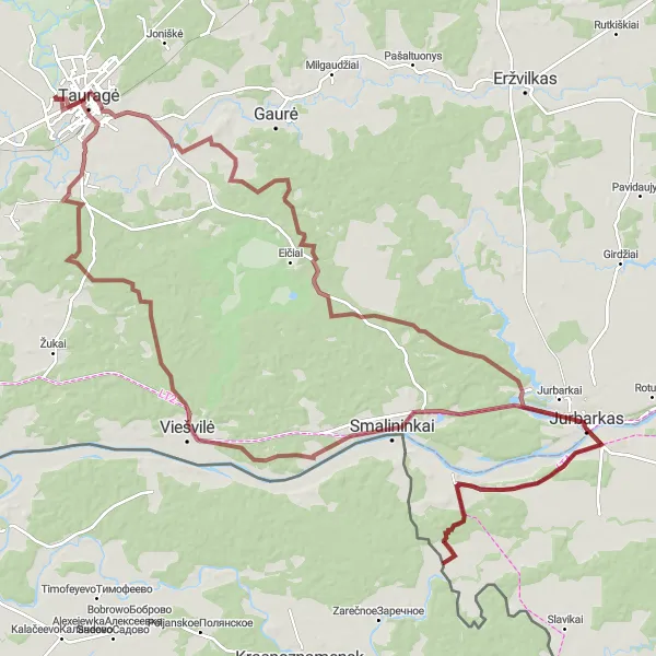 Map miniature of "Rural Gravel Adventure" cycling inspiration in Vidurio ir vakarų Lietuvos regionas, Lithuania. Generated by Tarmacs.app cycling route planner