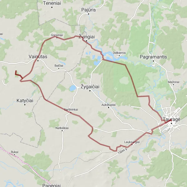 Map miniature of "Scenic Gravel Trail" cycling inspiration in Vidurio ir vakarų Lietuvos regionas, Lithuania. Generated by Tarmacs.app cycling route planner