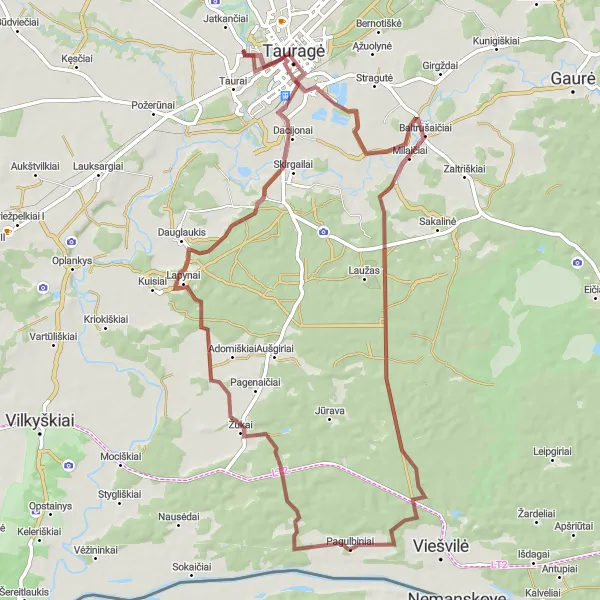 Map miniature of "Scenic Gravel Loop" cycling inspiration in Vidurio ir vakarų Lietuvos regionas, Lithuania. Generated by Tarmacs.app cycling route planner