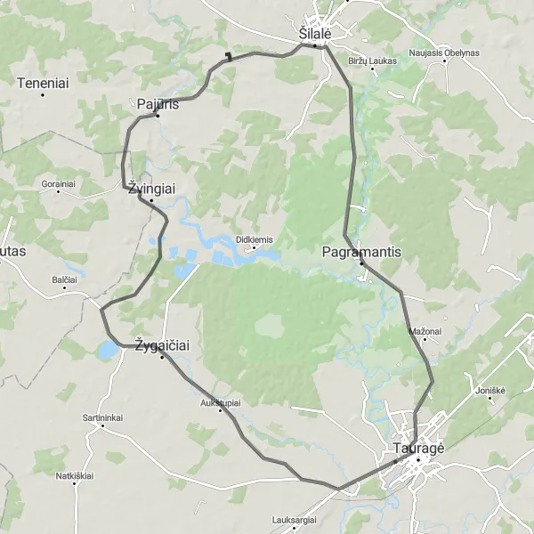 Map miniature of "Serene Countryside Exploration" cycling inspiration in Vidurio ir vakarų Lietuvos regionas, Lithuania. Generated by Tarmacs.app cycling route planner