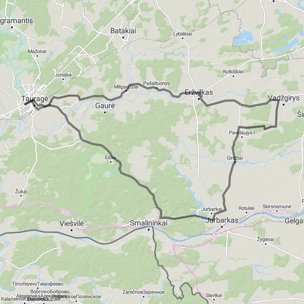 Map miniature of "Challenging Road Ride" cycling inspiration in Vidurio ir vakarų Lietuvos regionas, Lithuania. Generated by Tarmacs.app cycling route planner