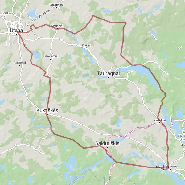 Map miniature of "The Gravel Adventure" cycling inspiration in Vidurio ir vakarų Lietuvos regionas, Lithuania. Generated by Tarmacs.app cycling route planner