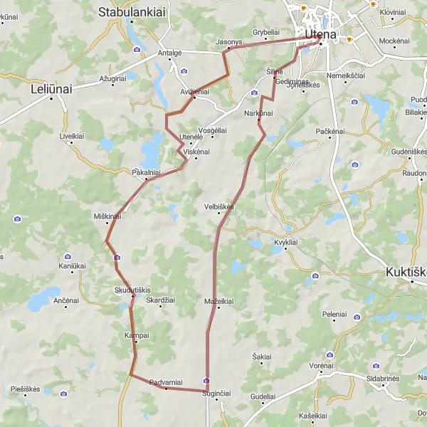 Map miniature of "The Gravel Loop" cycling inspiration in Vidurio ir vakarų Lietuvos regionas, Lithuania. Generated by Tarmacs.app cycling route planner