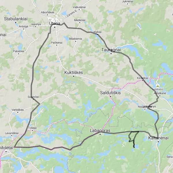 Map miniature of "The Road Challenge" cycling inspiration in Vidurio ir vakarų Lietuvos regionas, Lithuania. Generated by Tarmacs.app cycling route planner