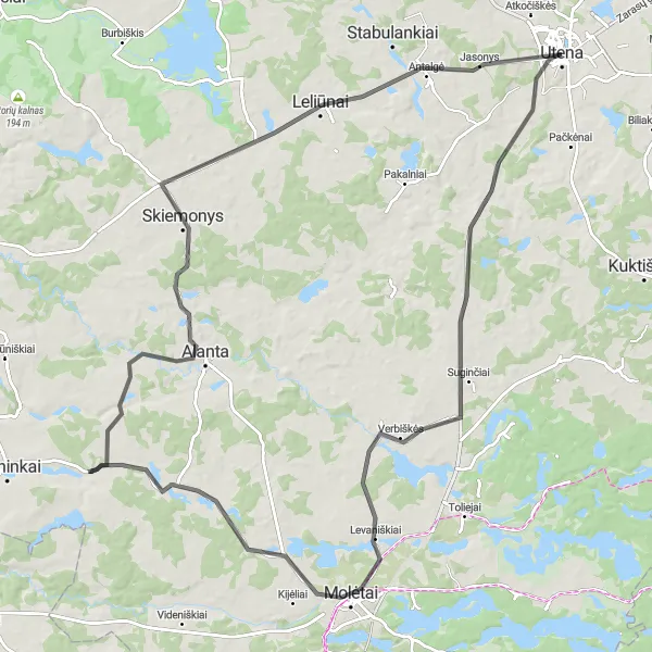 Map miniature of "Utena to Jasonys Loop" cycling inspiration in Vidurio ir vakarų Lietuvos regionas, Lithuania. Generated by Tarmacs.app cycling route planner