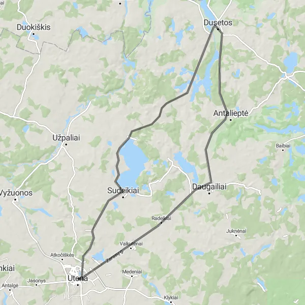 Map miniature of "Sudeikiai to Vaikutėnai Scenic Route" cycling inspiration in Vidurio ir vakarų Lietuvos regionas, Lithuania. Generated by Tarmacs.app cycling route planner