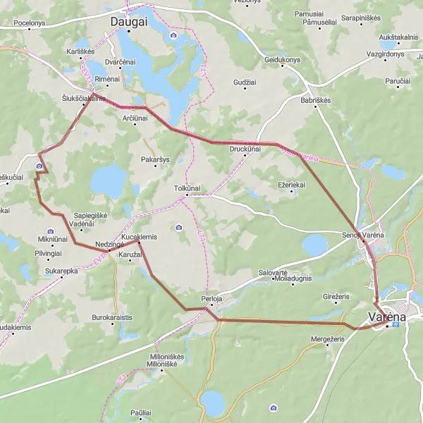 Map miniature of "Gravel Adventure through Varėna" cycling inspiration in Vidurio ir vakarų Lietuvos regionas, Lithuania. Generated by Tarmacs.app cycling route planner