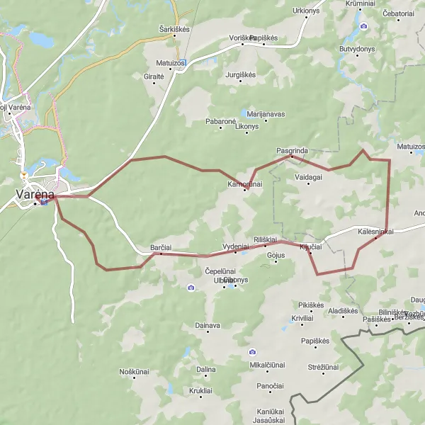 Map miniature of "Varėna Circuit" cycling inspiration in Vidurio ir vakarų Lietuvos regionas, Lithuania. Generated by Tarmacs.app cycling route planner
