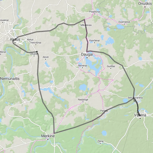 Map miniature of "Varėna Highlights Road Cycling Route" cycling inspiration in Vidurio ir vakarų Lietuvos regionas, Lithuania. Generated by Tarmacs.app cycling route planner