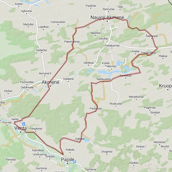 Map miniature of "Gravel Adventure to Akmenė and Sablauskiai" cycling inspiration in Vidurio ir vakarų Lietuvos regionas, Lithuania. Generated by Tarmacs.app cycling route planner