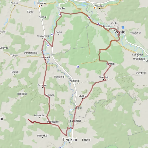Map miniature of "Explore the Gyvolių Piliakalnis Gravel Trail" cycling inspiration in Vidurio ir vakarų Lietuvos regionas, Lithuania. Generated by Tarmacs.app cycling route planner